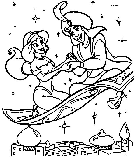 coloriage le prince aladdin et jasmine font des reves bleu